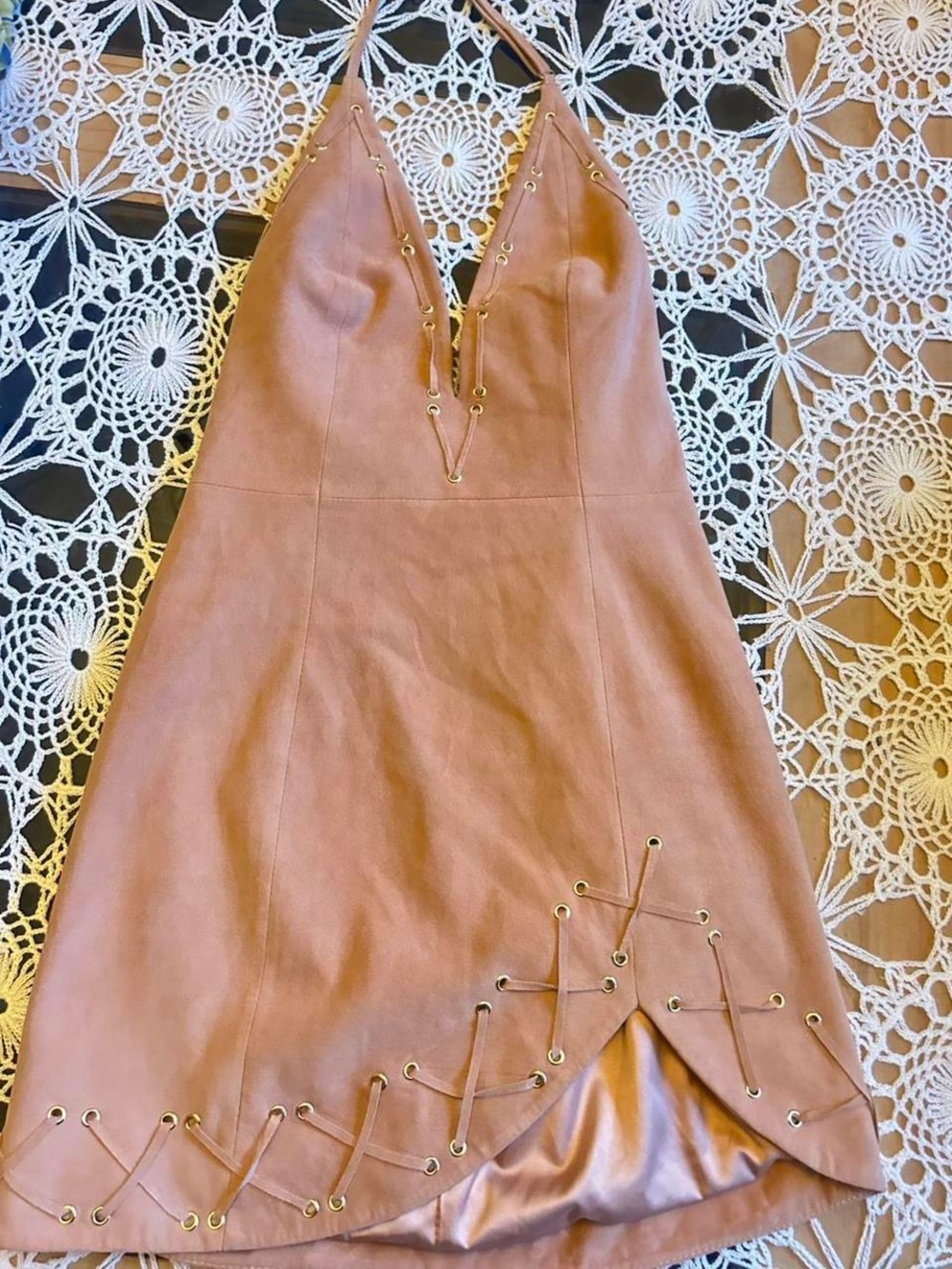 NBD Mauve Halter Mini Dress with Lace-Up Grommet Detail